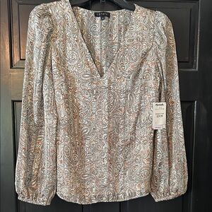 1. State Paisley V-Neck Blouse in Cream, Tan and Light Blue
